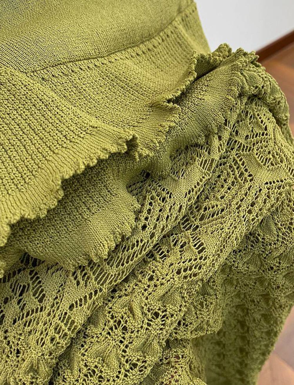 🟢Sandro Olive Green Tiered Ruffle Knit Midi Dress Sleeveless Lace - Picture 3 of 12